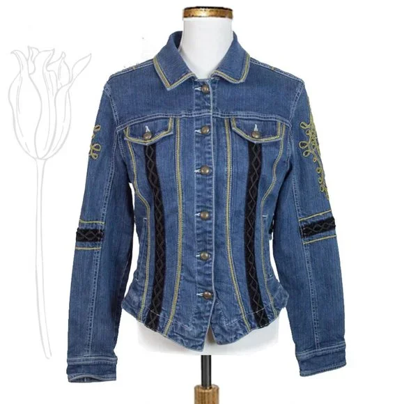 LIVE A LITTLE Blue Embroidery Embellished Long Sleeve Jean Jacket M - Picture 2 of 13